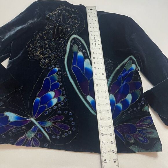 Chico’s Anniversary Collection Butterfly Silk Spruce Green Velvet Jacket Size 1 - Picture 10 of 11
